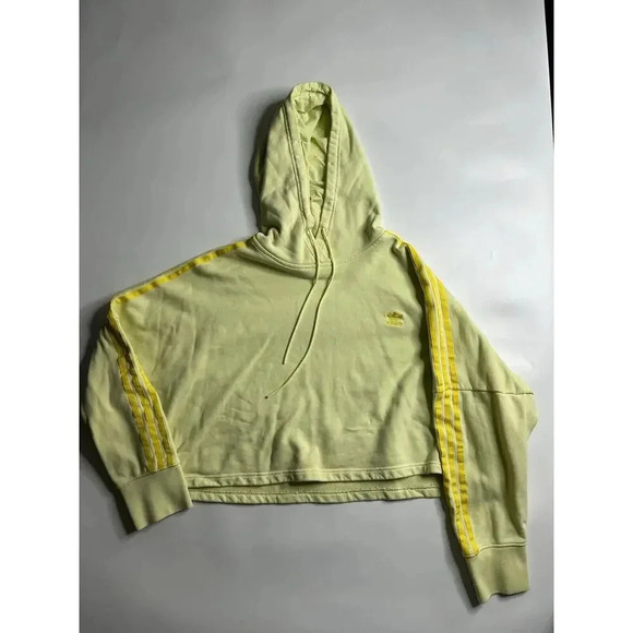 Adidas Sweatshirt Womens XL Cropped Neon Yellow Embroidered Logo Hoodie - Picture 1 of 6